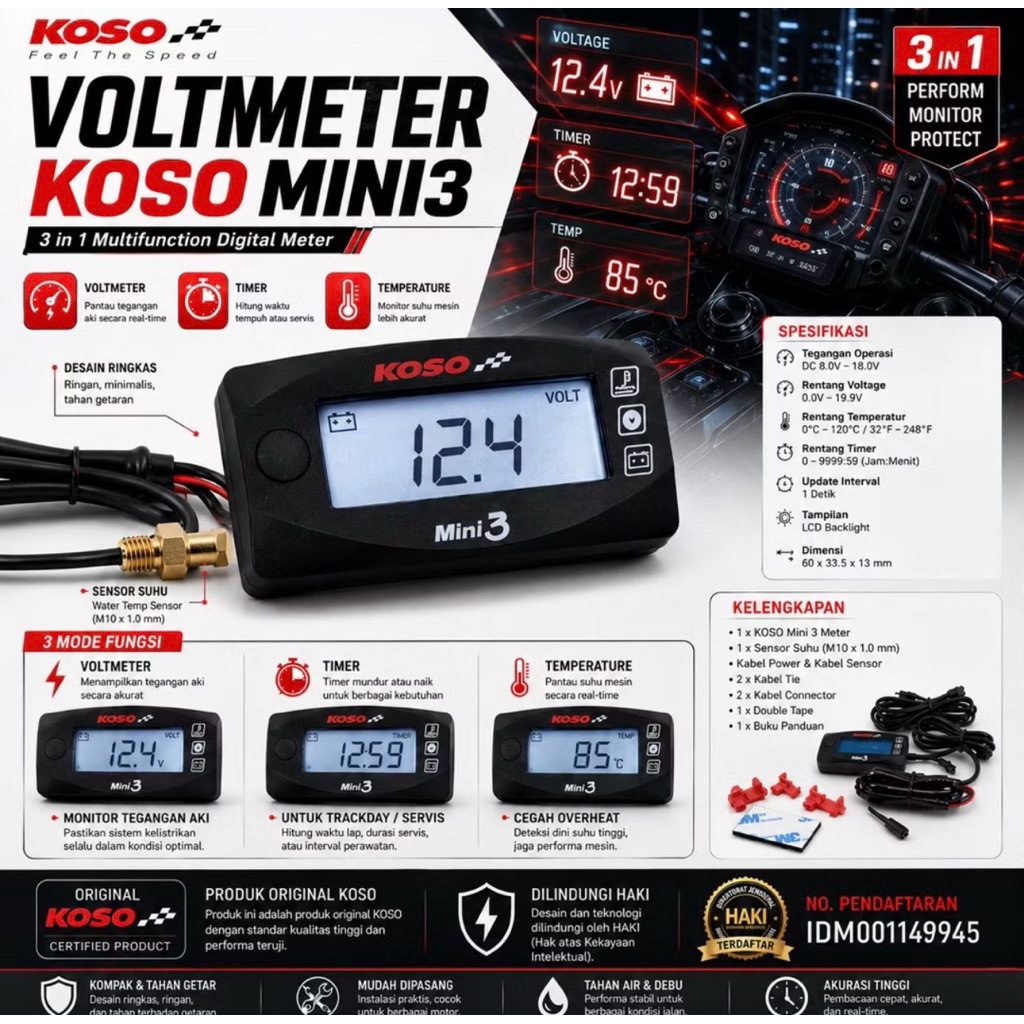 ORIGINAL LCD KOSO VOLTMETER TIME TEMPERATUR 3in1 MINI3 VOLTMETER KOSO MINI 3