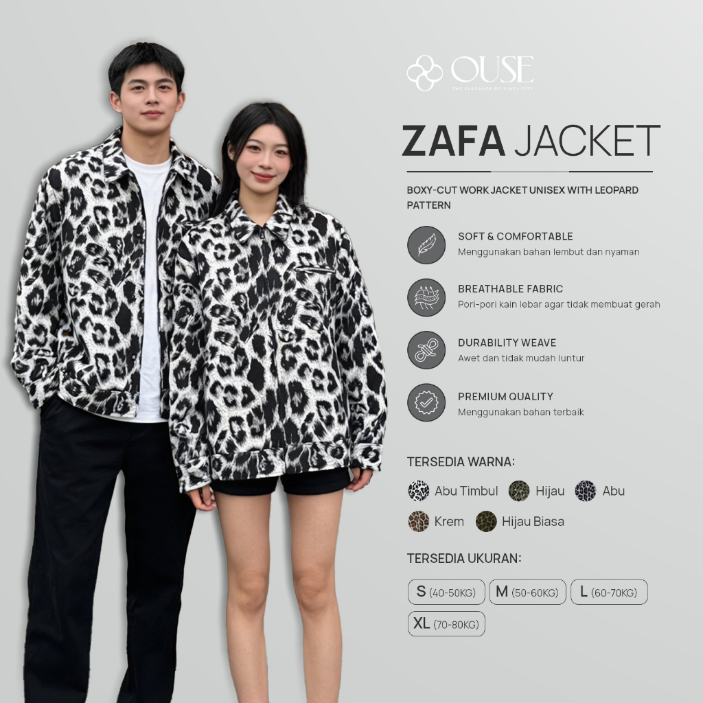 OUSE Zafa work jacket pattern leopard jaket boxy motif macan ranting unisex