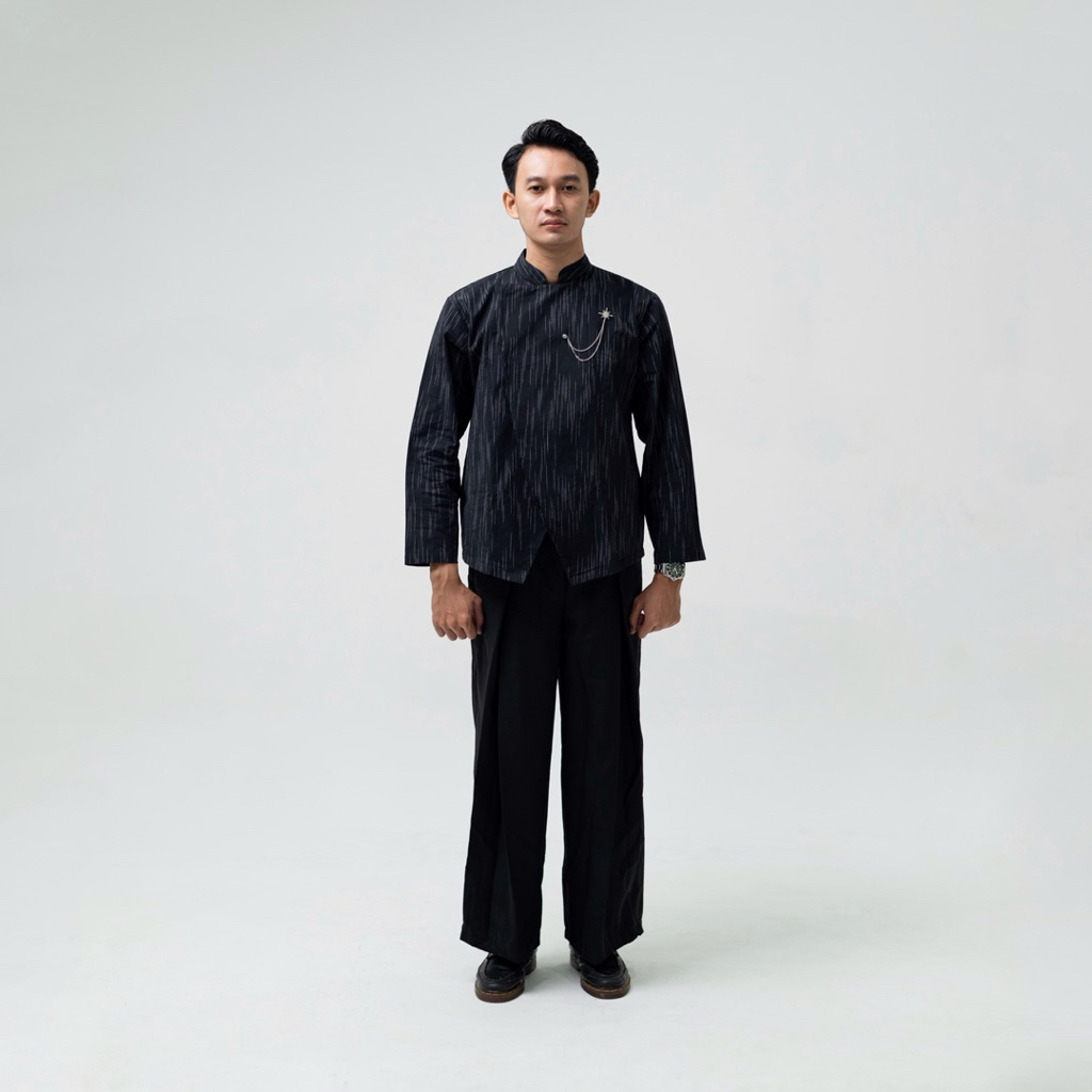 Kemeja Batik Lurik Hitam Pria Lengan Panjang Beskap Modern Formal Casual