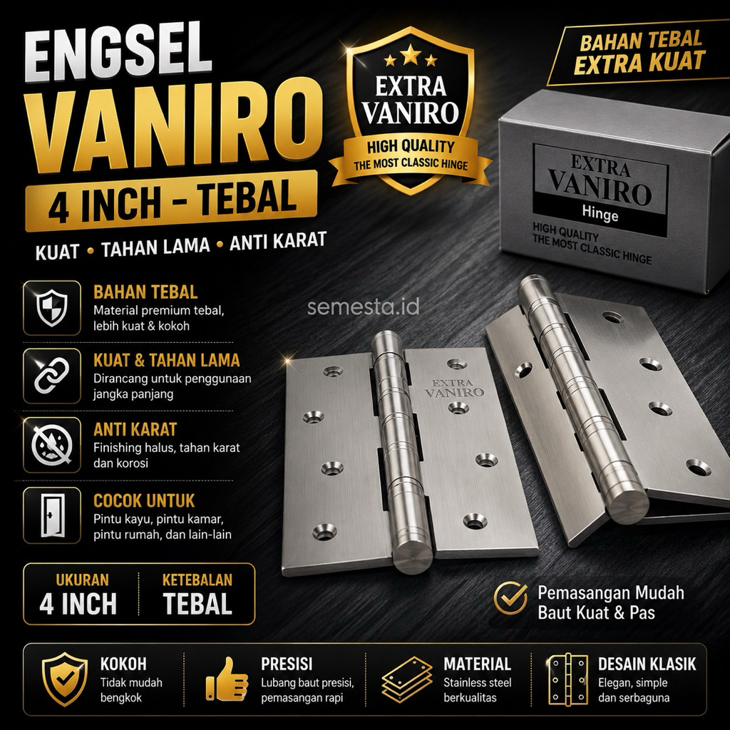 Engsel Vaniro 4 Inch – Engsel Pintu Baja Tebal Kuat, Anti Karat, Tahan Lama, Desain Minimalis & Muda