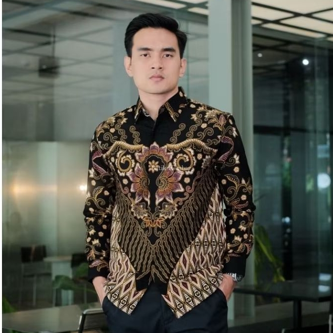 LENGAN PANJANG REGULER Motif Sekar Hitam Baju Batik Pria Kain Katun Lapisan Furing Baju Kantor Baju 