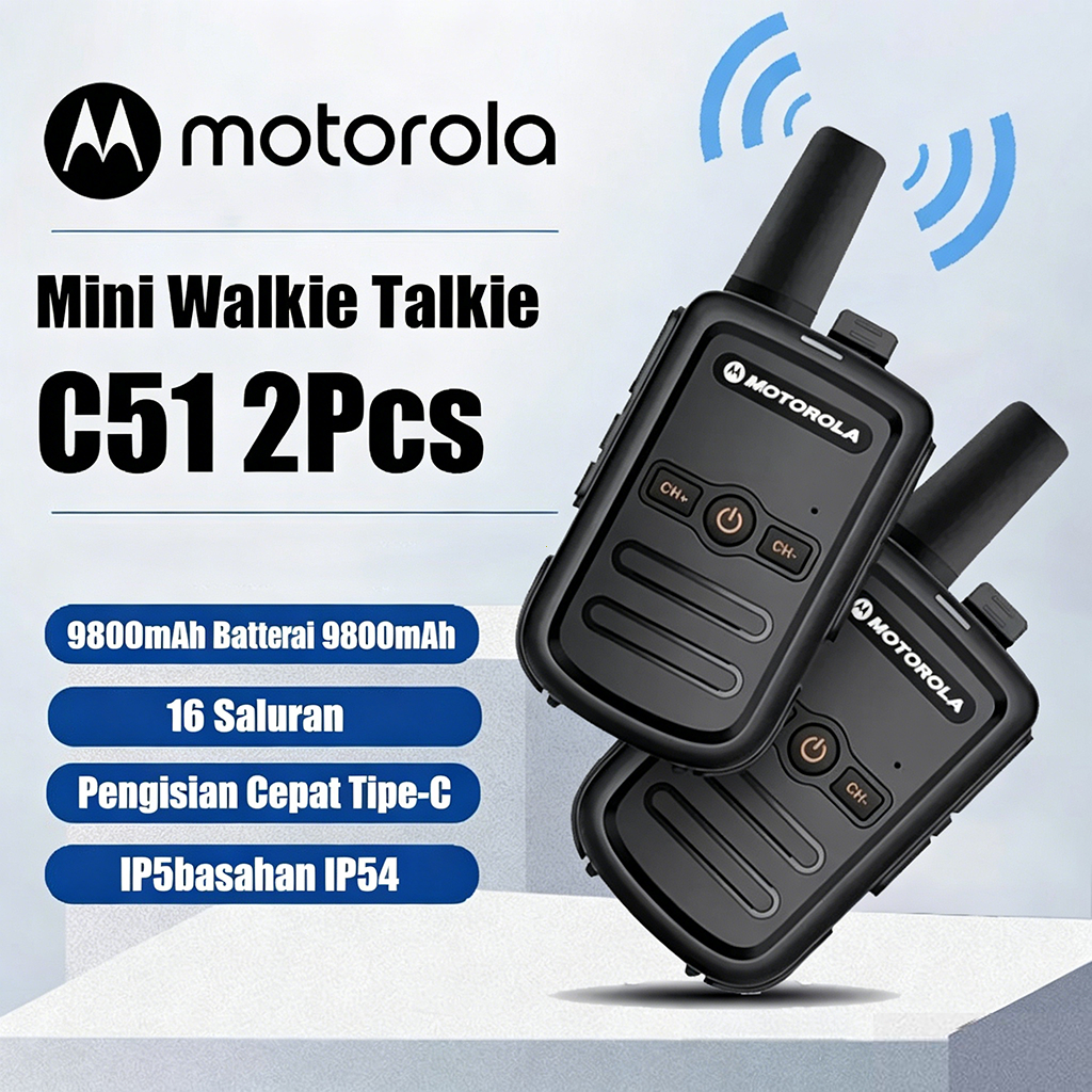 2 Unit Radio HT Motorola C51 Mini Jarak Jauh 10KM Daya 5W Baterai 9800mAh Tahan Air Frekuensi UHF Al