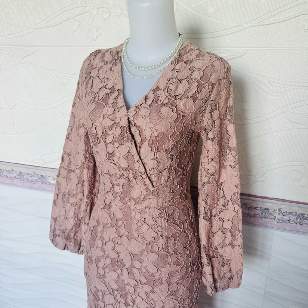 pink dusty brokat lengan panjang rok duyung undangan dress