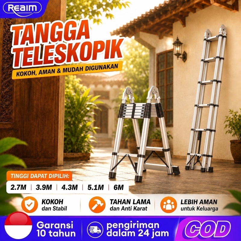 Reaim Tangga Teleskopik  Aluminium Portabel Rumah Tangga 3-6Meter Multifungsi Dengan Teknik Tangga L