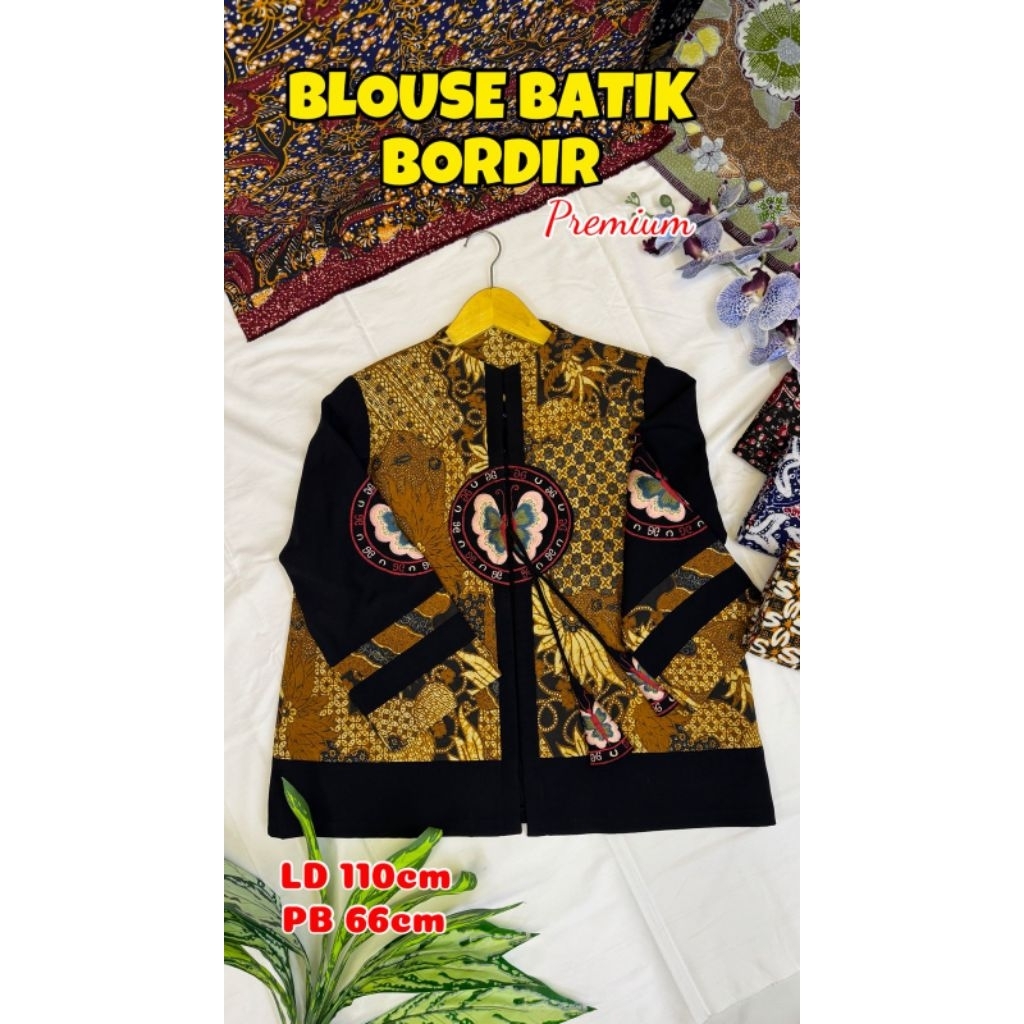 BAJU BATIK TULIS UNTUK WANITA MODEL BLOUSE SULAM BORDIR KOMBINASI TRICOT DAN FURING, MOTIF LAWASAN