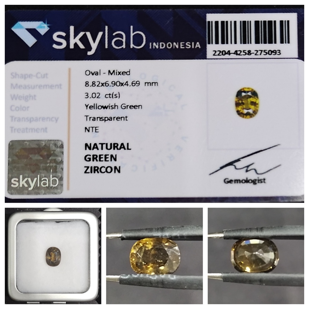 Natural Green Zircon 3.02CT Oval Mixed NTE Skylab Memo Lab Batu Permata Asli Yellowish Green
