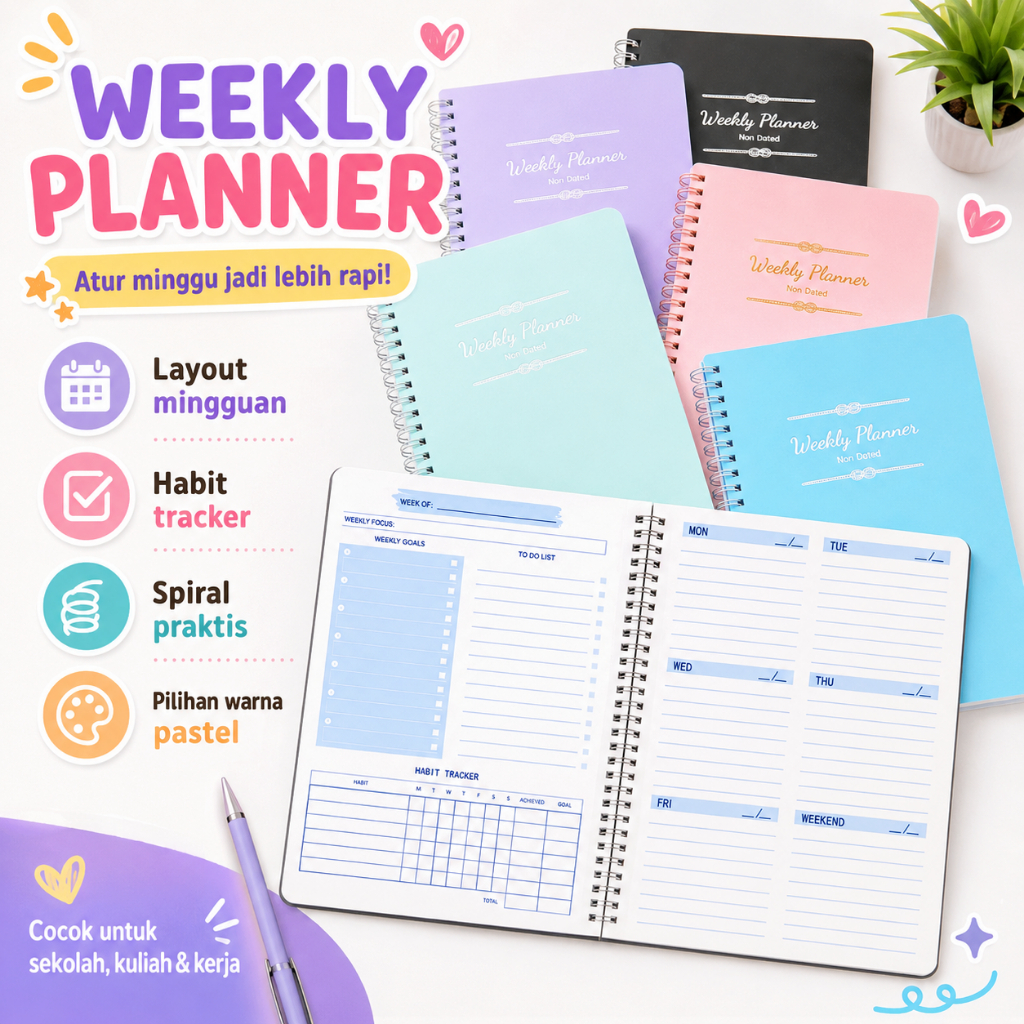 A5 Weekly Planner 52 Minggu PU Leather Agenda Bulanan Waterproof untuk Sekolah Kantor dan Kuliah