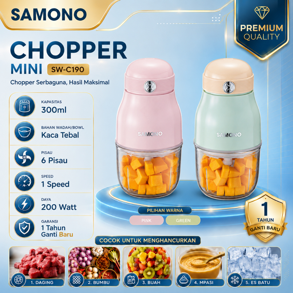 SAMONO Chopper 300ml Kaca 6 Pisau 200 Watt SW-C190 Mesin Penghalus Bumbu Daging MPASI Alat Pemroses 