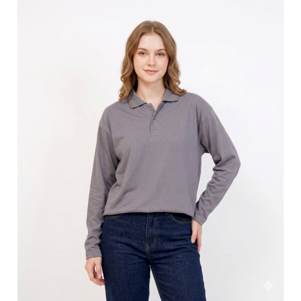 Kaos Kerah perempuan Abu-abu Lengan panjang / polo panjang wanita / polo hijab / KAOS KERAH CEWEK LE