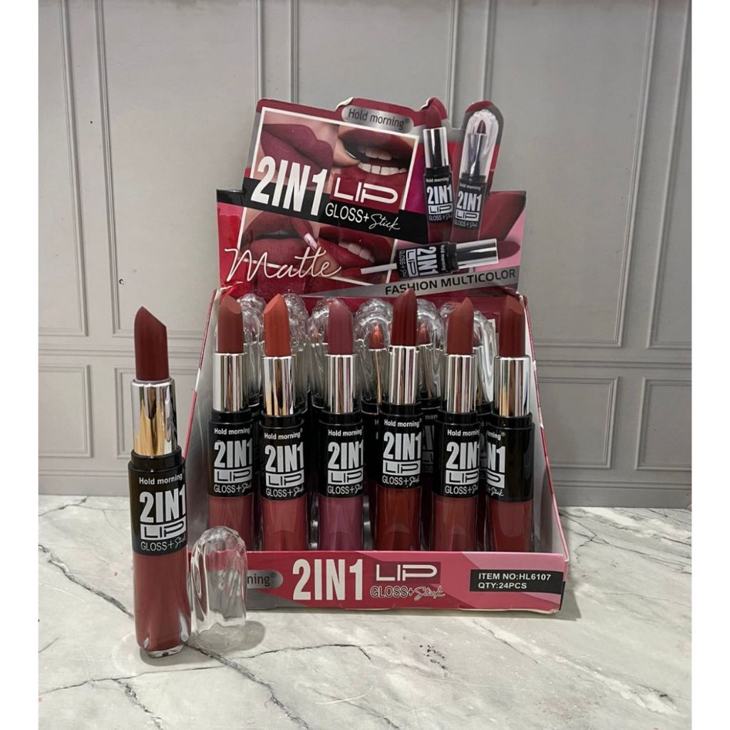 [ Lusinan ] Lipstick & Lipgloss Hold Morning 2 In 1 Waterproof Matte / Lipstick Batang & Lipstick Ca
