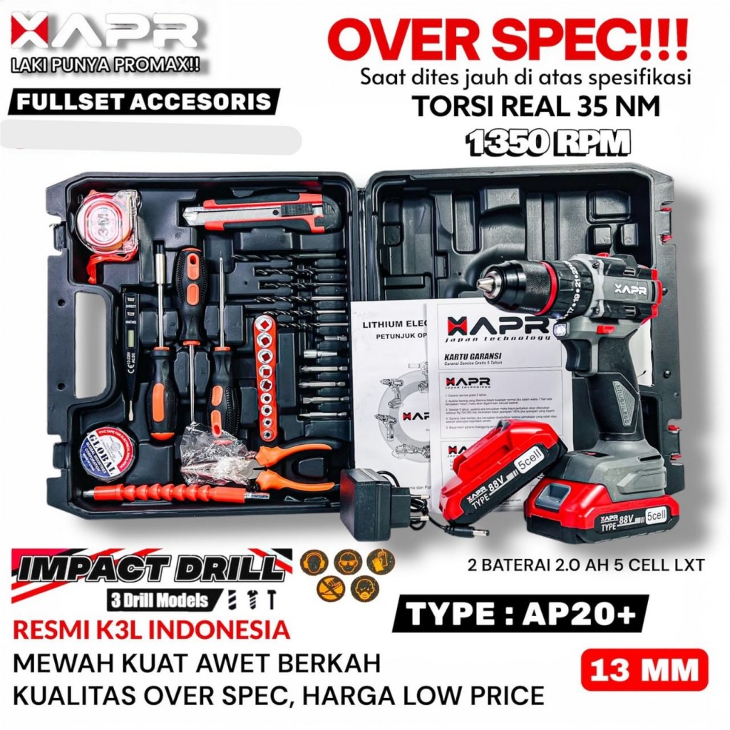 APR JAPAN BOR BATERAI CORDLESS AP20+ 13MM Keyless Chuck Brushless Bor Besi Beton Sekrup Kayu