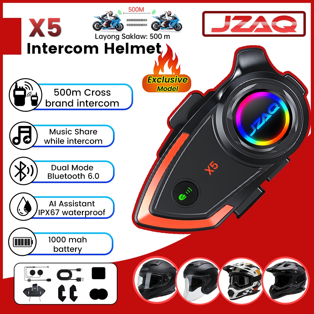JZAQ X5 Interkom for Helmet 1000m Cross-Brand Interkom Music Share IPX67 Waterproof Motrocycle Inter