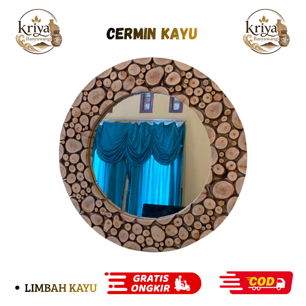 Cermin Kayu Aesthetic , Cermin Limbah Kayu Estetik , Cermin Bulat Minimalis , Cermin Dinding Kayu