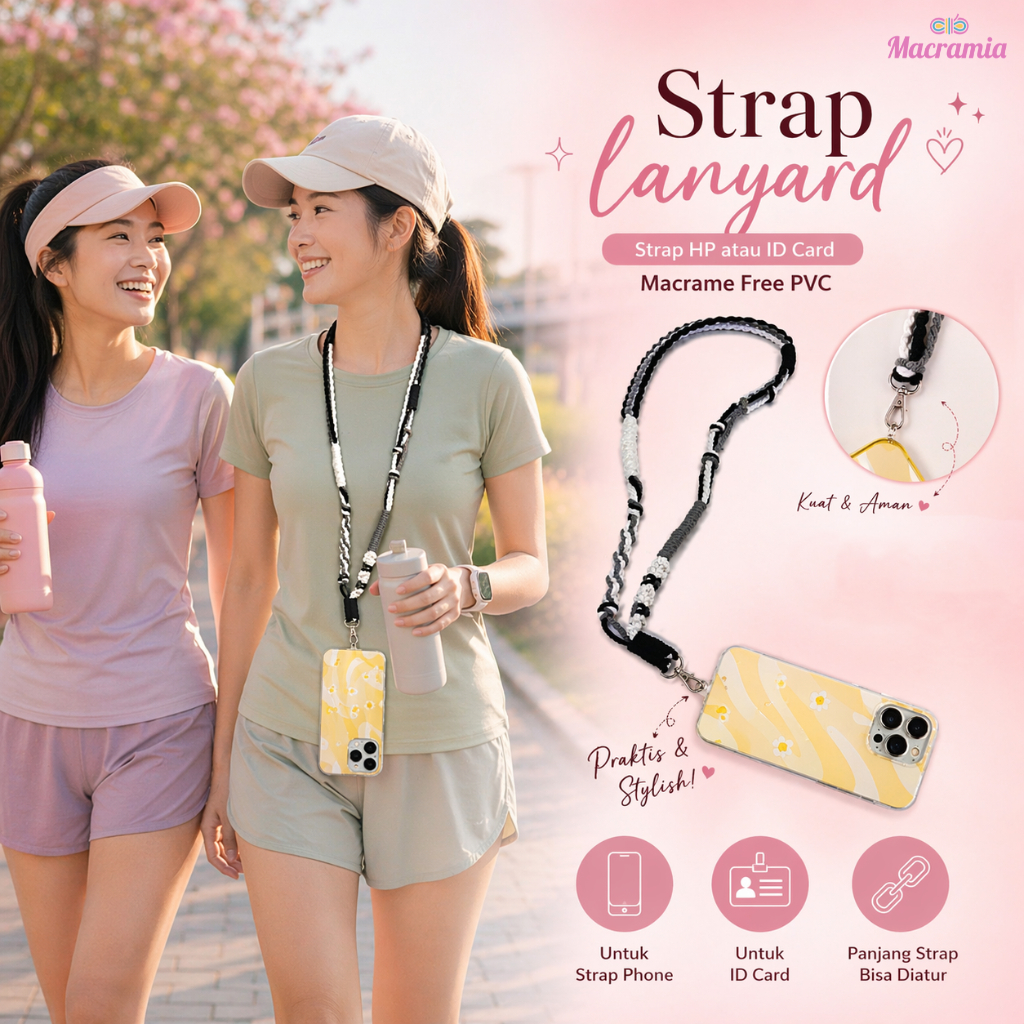 MACRAMIA Strap HP Leher Macrame Tali Panjang | Lanyard Phone / ID Card Free PVC SB4B