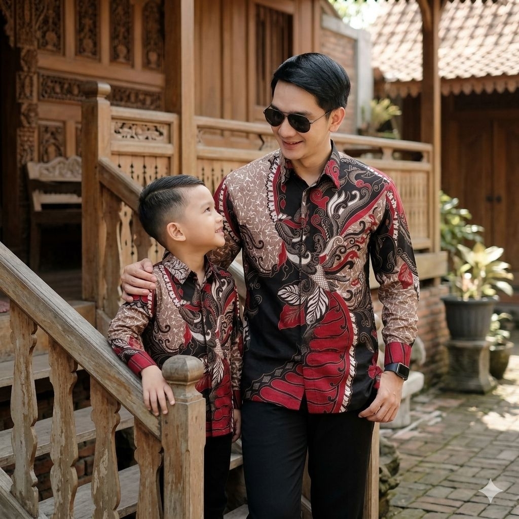 Couple batik ayah dan anak motif Sangkuriang merah