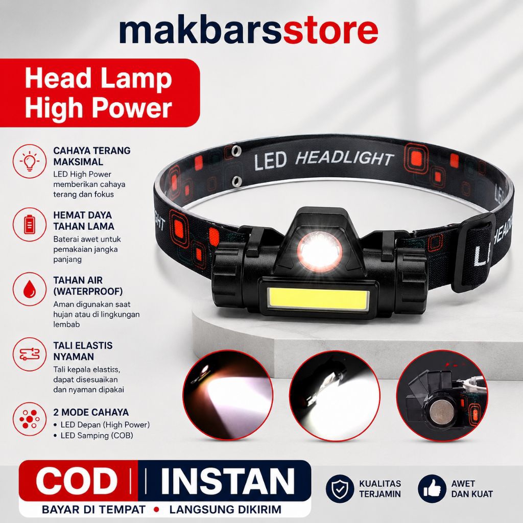 Headlamp LED High Power Senter Kepala Charger Tahan Air Waterproof - Senter Kepala Dua Mode Cahaya C