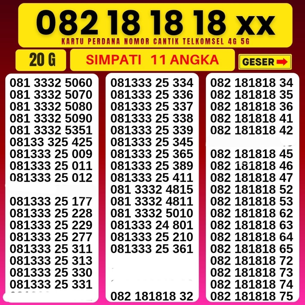 11Angka KARTU PERDANA NOMOR CANTIK SIMPATI TELKOMSEL 4G 5G NOCAN SIMPATI TELKOMSEL KWARTED TRIPLE NO
