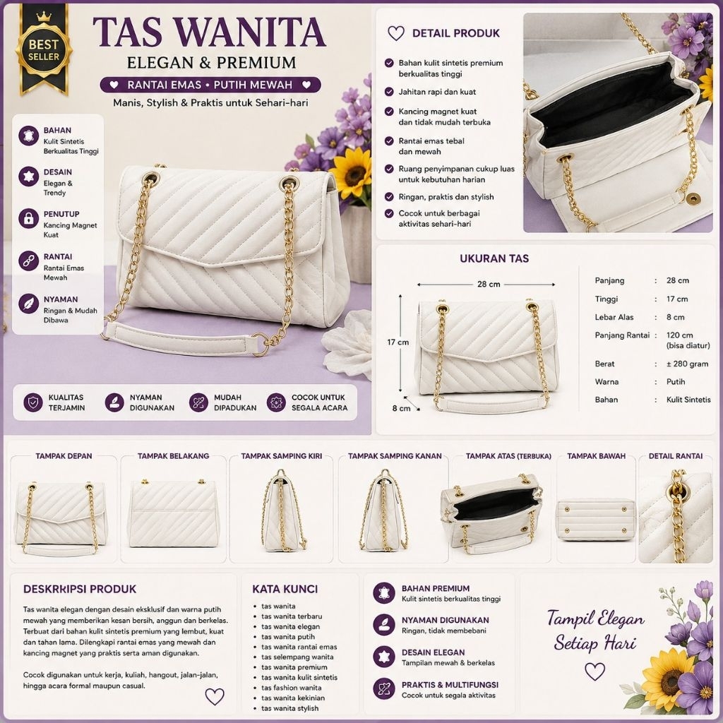 Tas Wanita Premium Putih Rantai Emas Elegant Korean Style Like New Mulus Baru Pakai 1-2x