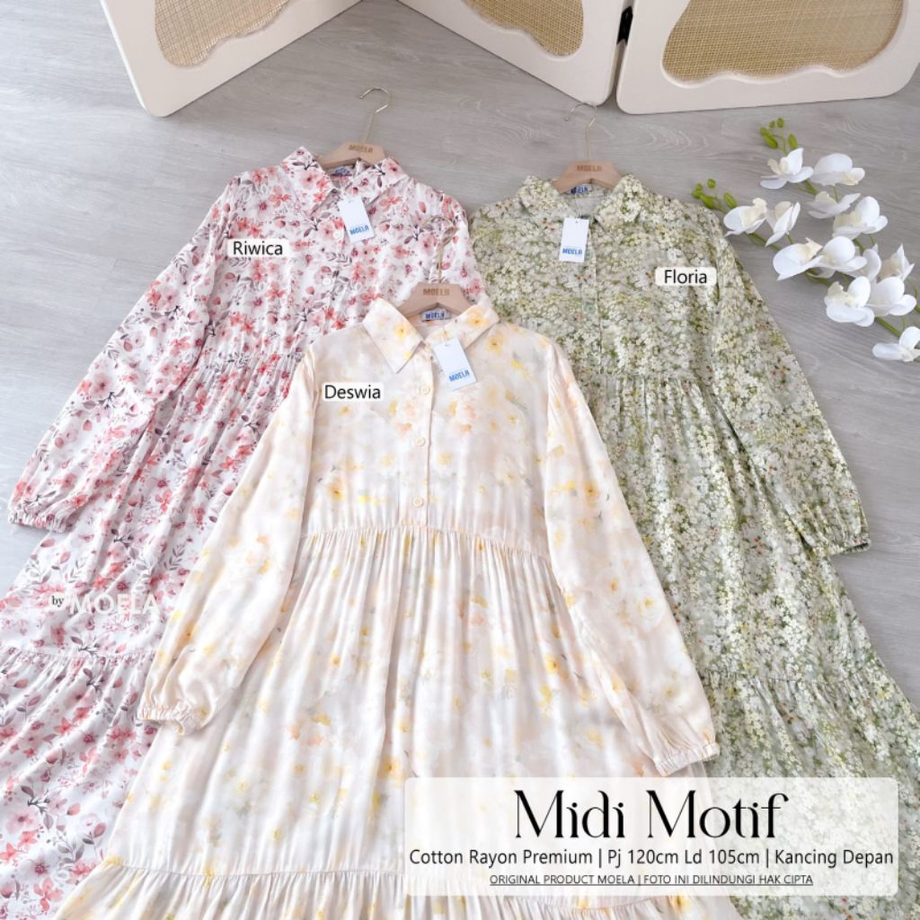 DESWIA / RIWICA / FLORIA MIDI DRESS COTTON RAYON PREMIUM KANCING DEPAN ORI BY MOELA