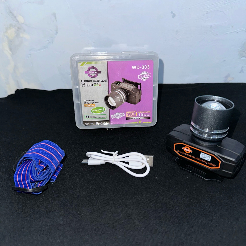 Senter Kepala Zoom Wandi 200W WD-303 tahan hingga penggunaan 10 jam  putih jarak pencahaya 1000 mete