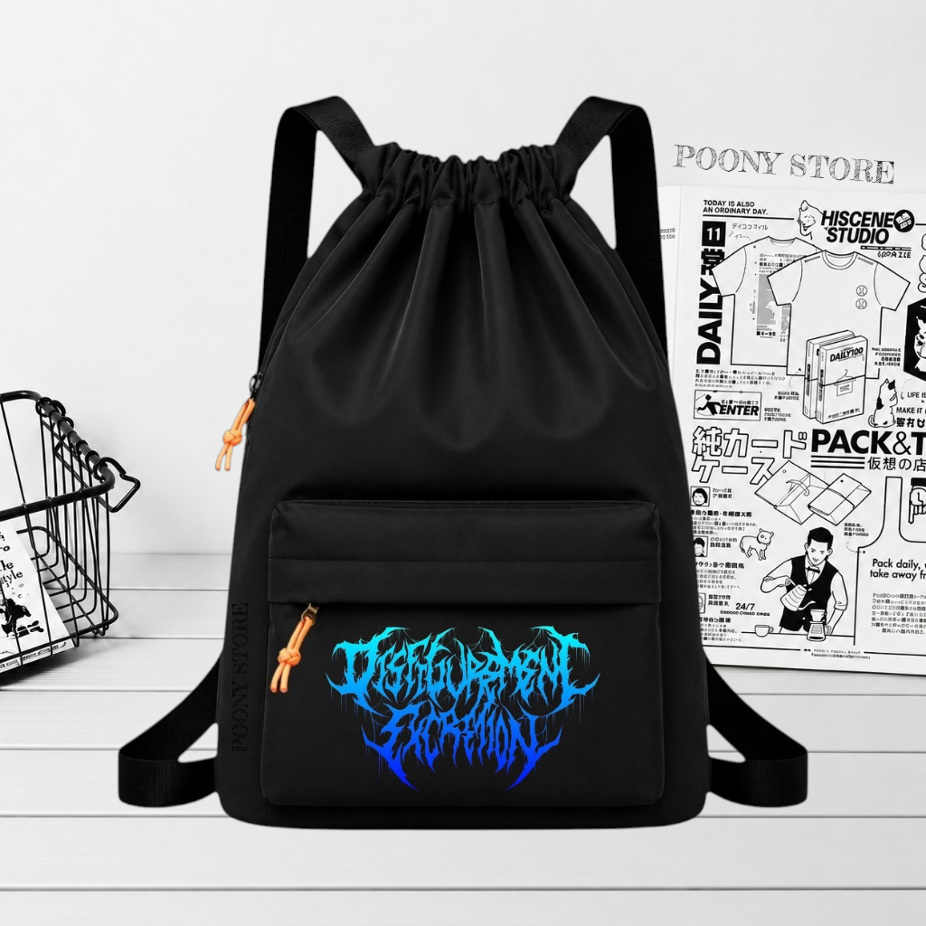 Tas Serut StringBag Pria wanita Backpack Drawsting Cowok Motif Metal Kece Aesthetic Sekolah Sd Smp S