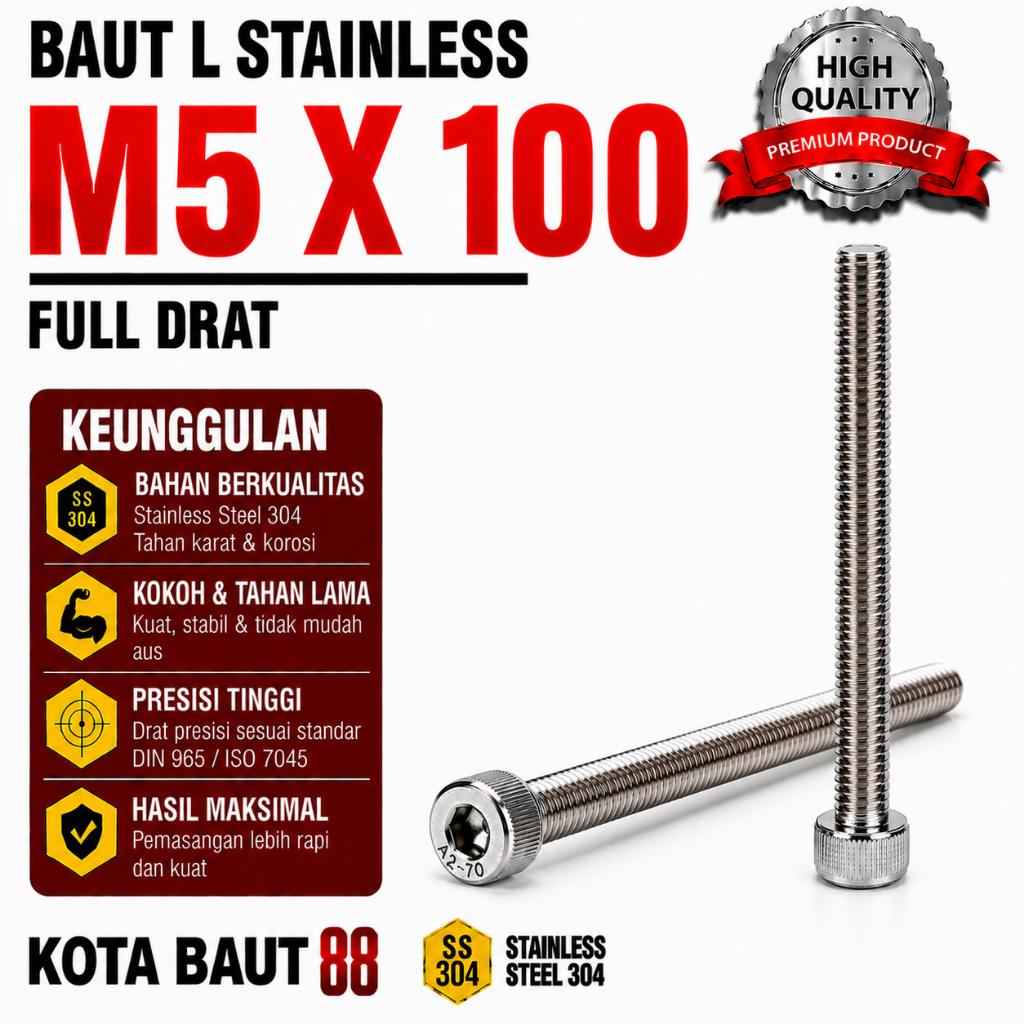 Baut L Stainless M5X100 / 5X100 / M5 X 100 / 5 X 100 Full Drat SS304 / SUS304 / A2-70