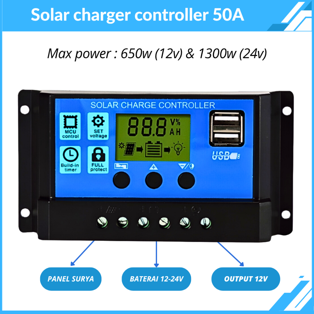 Solar Charger Panel Surya Controller 50A  Charger 12-24V LED Display