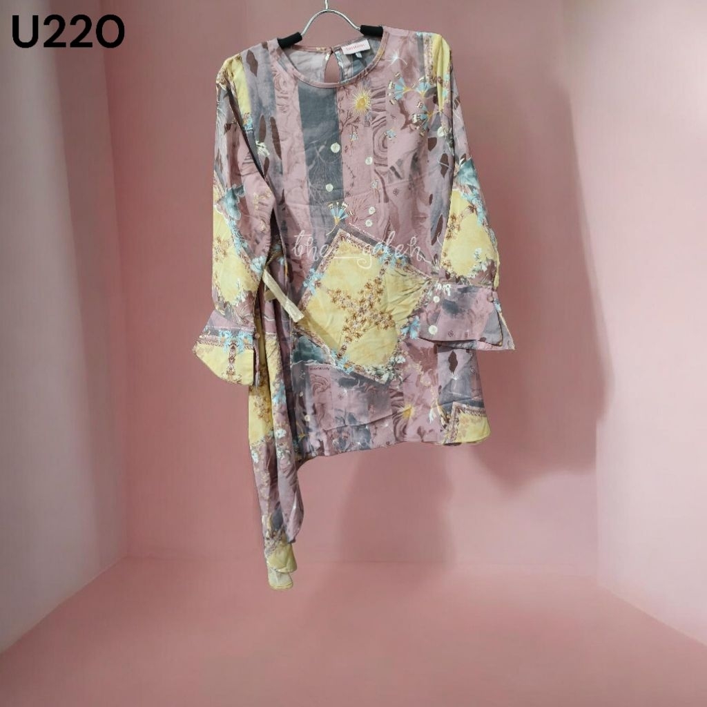 U220 Preloved Ria Miranda Earth Top Baju Blouse Tunik Pink Motif Bagus Murah