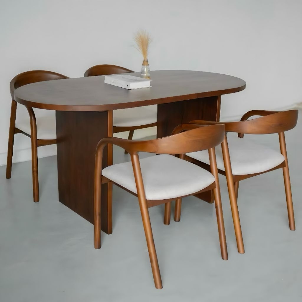 DINNING SET MINIMALIS TOP TABLE TEBAL 3cm MEJA BLOK (150x80cm) DESAIN MODERN PROJECT KOMBINASI 4 KUR