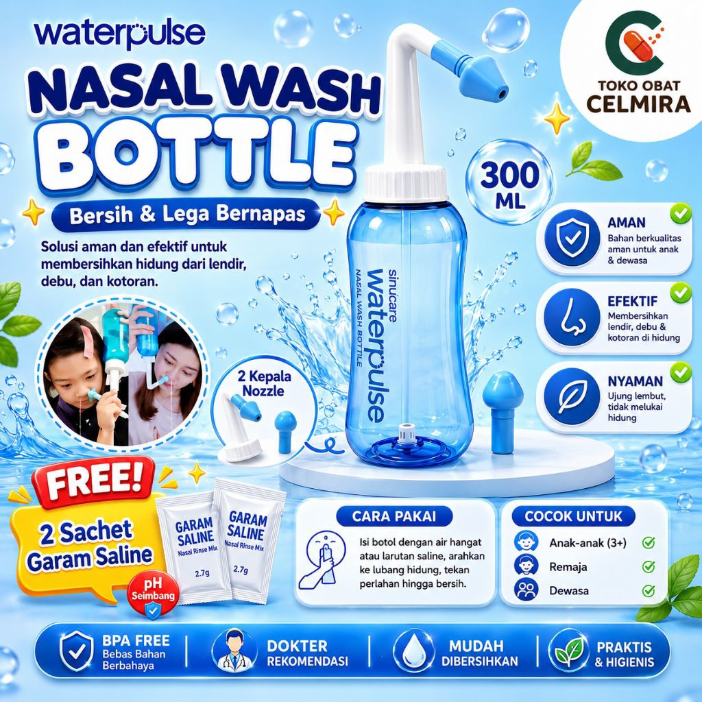 Alat Cuci Hidung Nasal Rinse Bottle 300ml - Pembersih Sinus & Alergi + 2 Nozzle + 2 Sachet Nacl