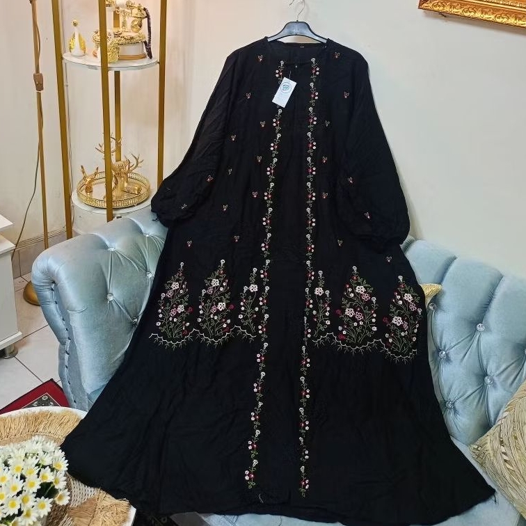 Gamis putih bordir bunga bahan Shangrila