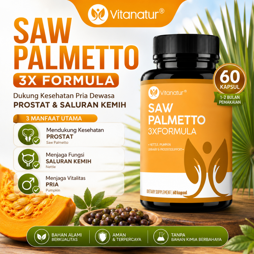 Vitanatur Saw Palmetto 3X Formula – suplemen premium untuk kesehatan prostat pria, 60 kapsul, menduk