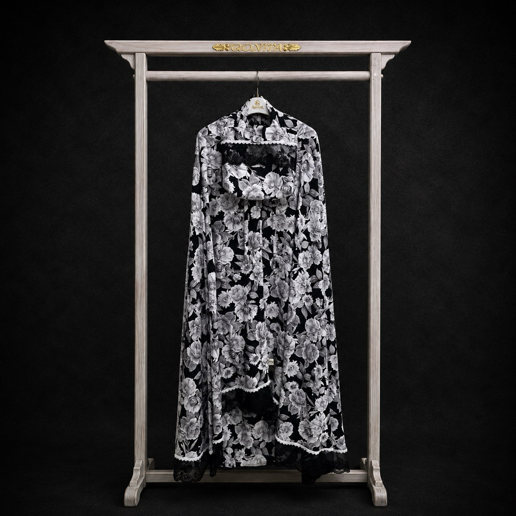 MukenaQonita | Mukena Urban Renda Hitam Putih Series | Mukena Jumbo | Adem dan Ringan | Free Pouch C