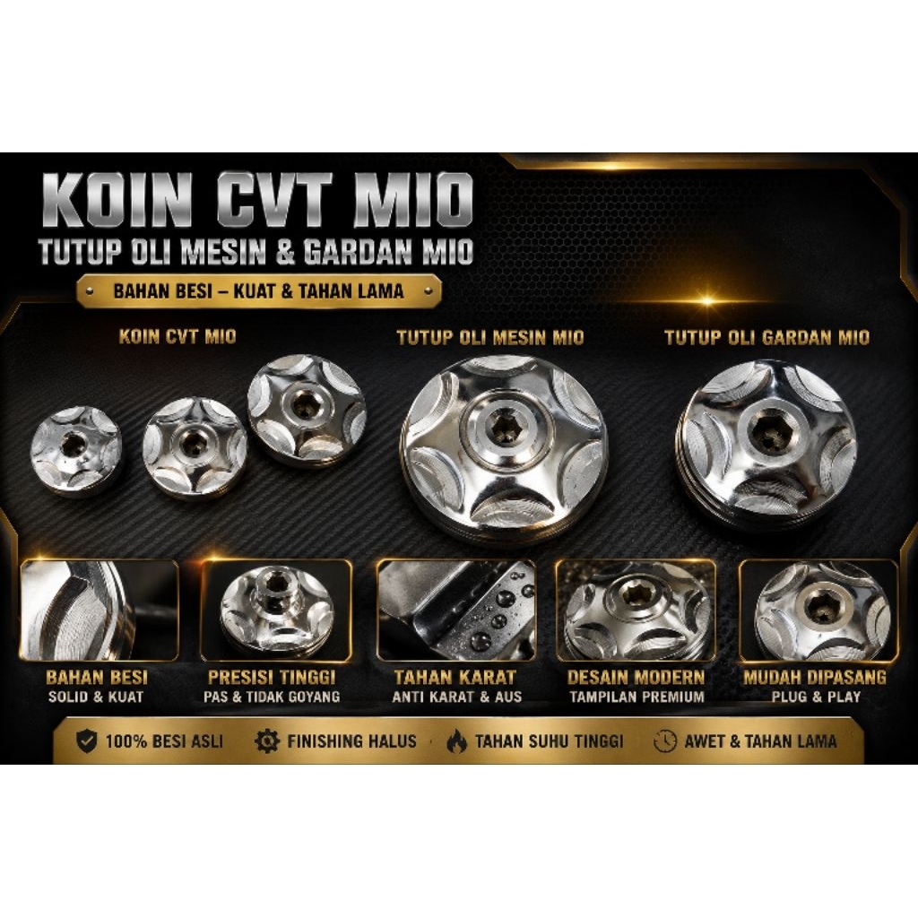 Koin CVT Mio + Tutup Oli Mesin & Tutup Oli Gardan Mio Variasi Bahan Besi | Presisi & Tahan Lama