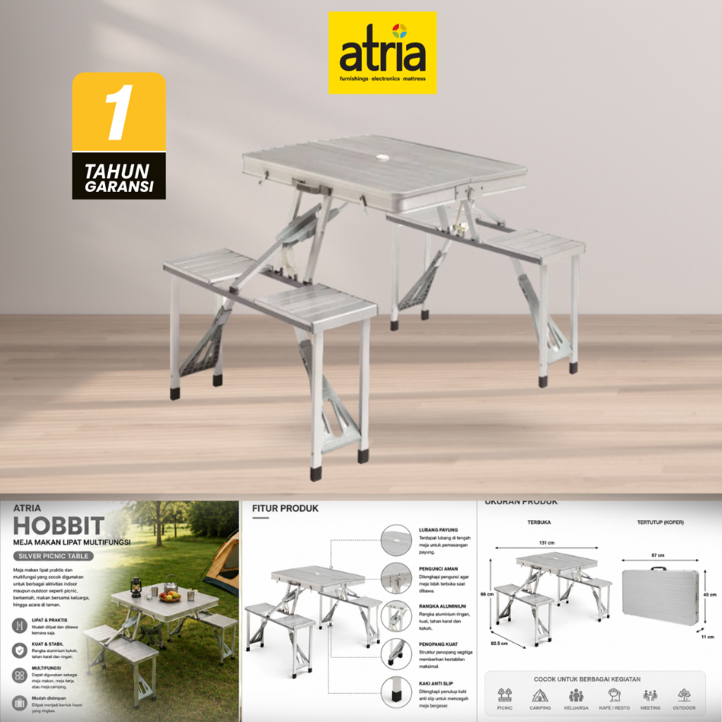 Atria Meja Makan Lipat Multifungsi Atria Hobbit Silver Picnic Table