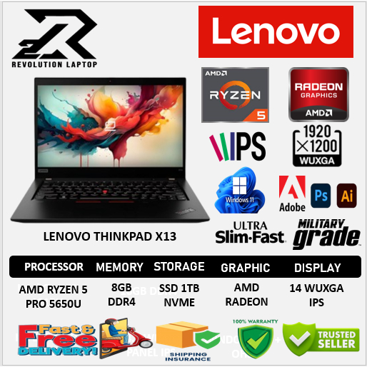 Laptop Lenovo Thinkpad X13 Ryzen 5 Pro 5650u Ram 32GB SSD 1TB Windows 11 pro