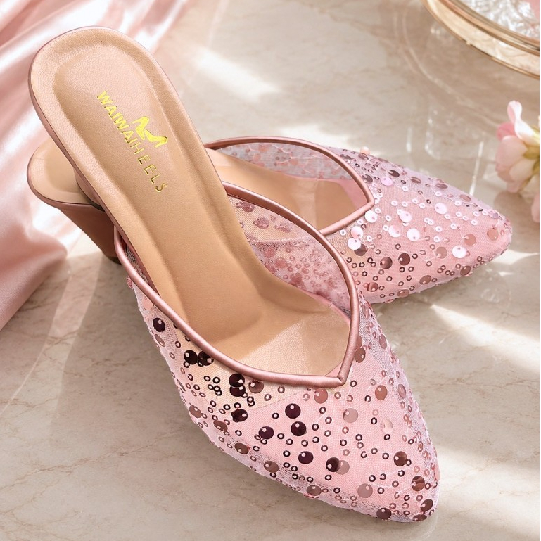 Waiwai Sepatu Pengantin Brukat Rosegold Jessica Heels Payet Hak 7cm