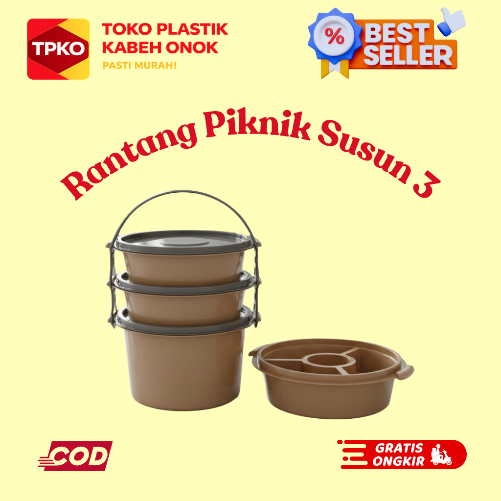 Rantang Plastik Piknik Coklat Susun 3 (Ada Sekat)