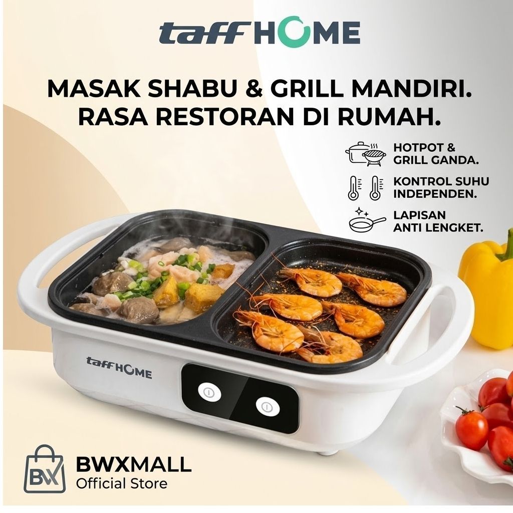 Panci Listrik Serbaguna TaffHOME Alat Masak Multi Fungsi 2in1 Pemanggang BBQ Grill dan Panci Rebus S