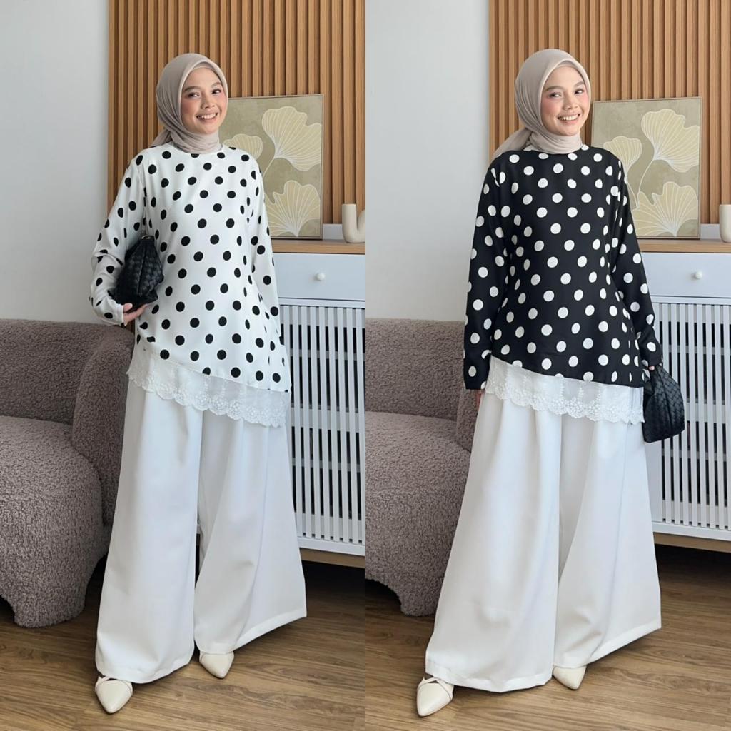 YANIA POLKA BLOUSE Atasan Wanita Blouse Polkadot Kombinasi Brokat | Atasan Casual Kekinian 2347