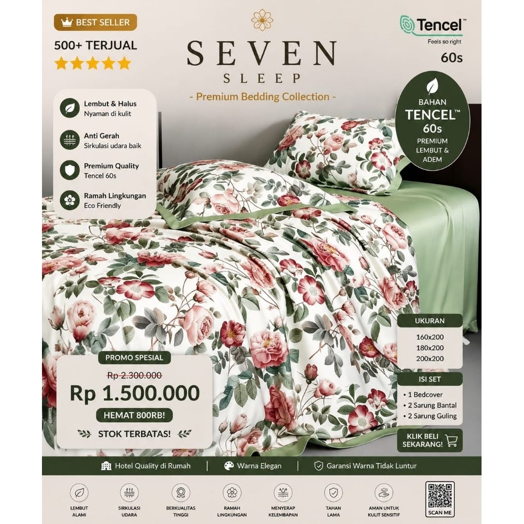 Motif BARU  -  Bedcover Set Double Bed Tencel 60s - Ukuran 160x200 Tinggi 40 - 180x200 Tinggi 40 - 2