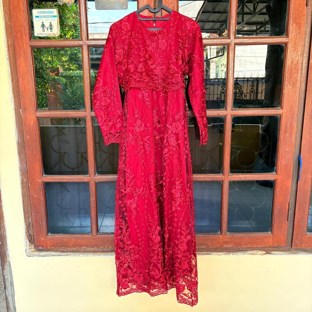 Gamis Brukat Merah Maroon Premium Wanita | Dress Pesta Muslimah Full Furing Elegan Kondangan