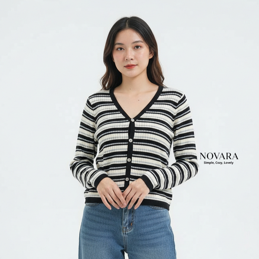 NOVARA Cardigan Knit Salur Long Sleeve | Sweater Rajut Kancing Aktif | Atasan Wanita (WAD)