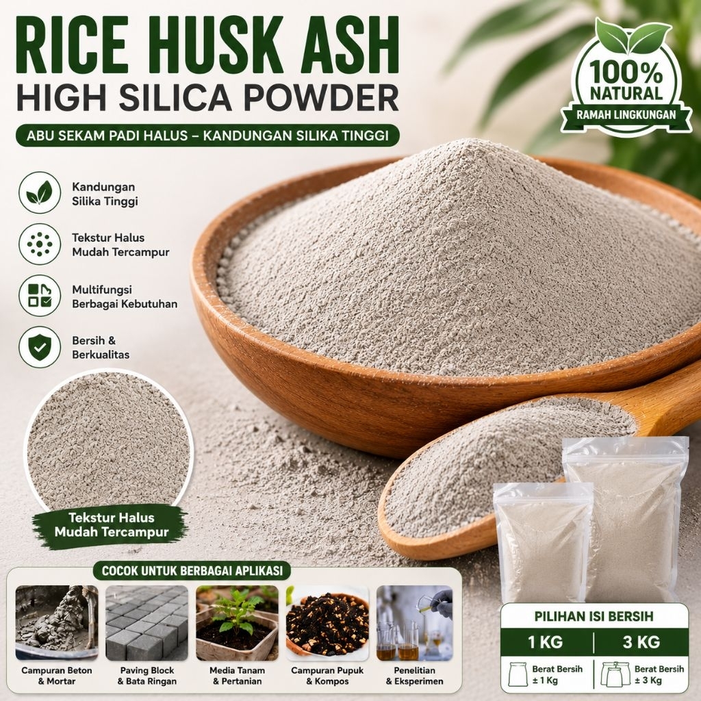 Premium High-Silica Rice Husk Ash - POWDER (1 KG) | Abu Sekam Padi Halus Premium | Light Grey-White 