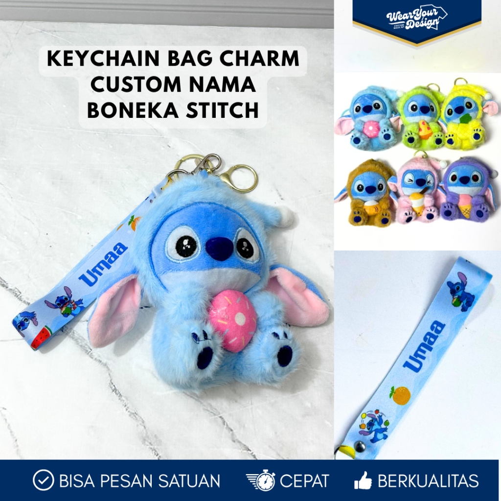 Gantungan Kunci Boneka Plush Karakter Stitch Lucu + Lanyard Custom Nama | Stitch Plush Doll Keychain