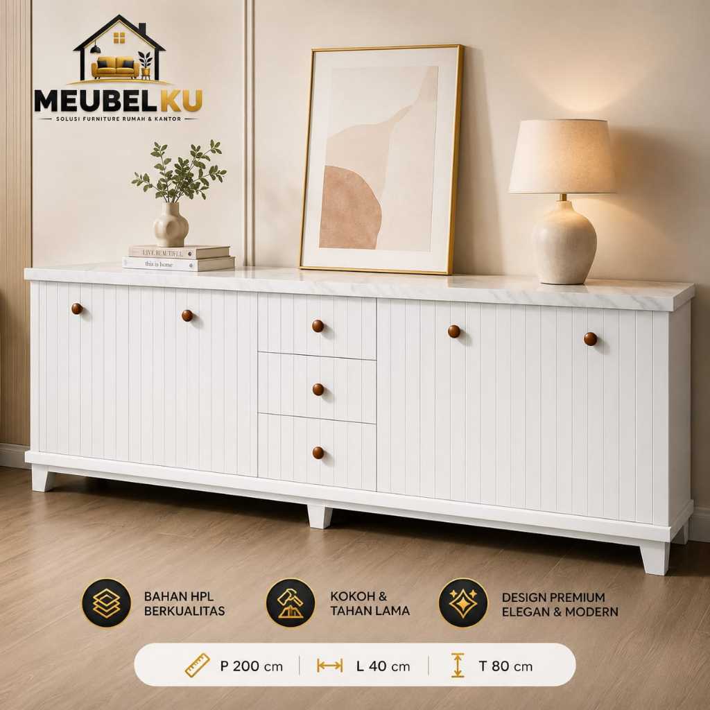 Bufet TV Minimalis 200 cm HPL Putih Premium | Lemari Penyimpanan Modern Ruang Tamu Elegan