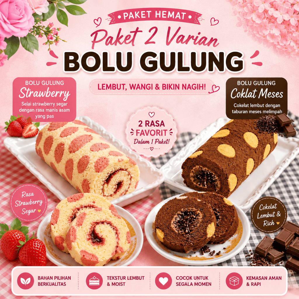 Paket Bolu Gulung Strawberry & Coklat Meses Premium / Paket Hemat Bolu Gulung Strawberry Coklat /  P