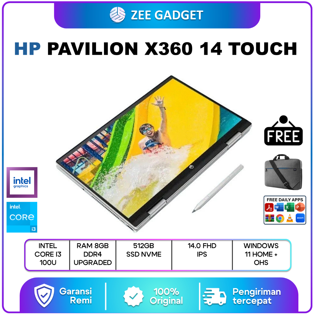 HP PAVILION X360 14 TOUCH CORE I3 100U 8GB 512GB W11+OHS 14.0FHD IPS BLIT PEN