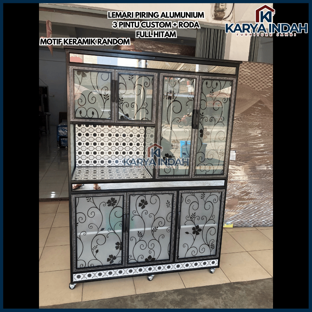 [PO] Lemari Rak Piring Dapur ALUMUNIUM 3 Pintu JUMBO FULL HITAM OPS CUSTOM STICKER Kaca Roda Alumuni