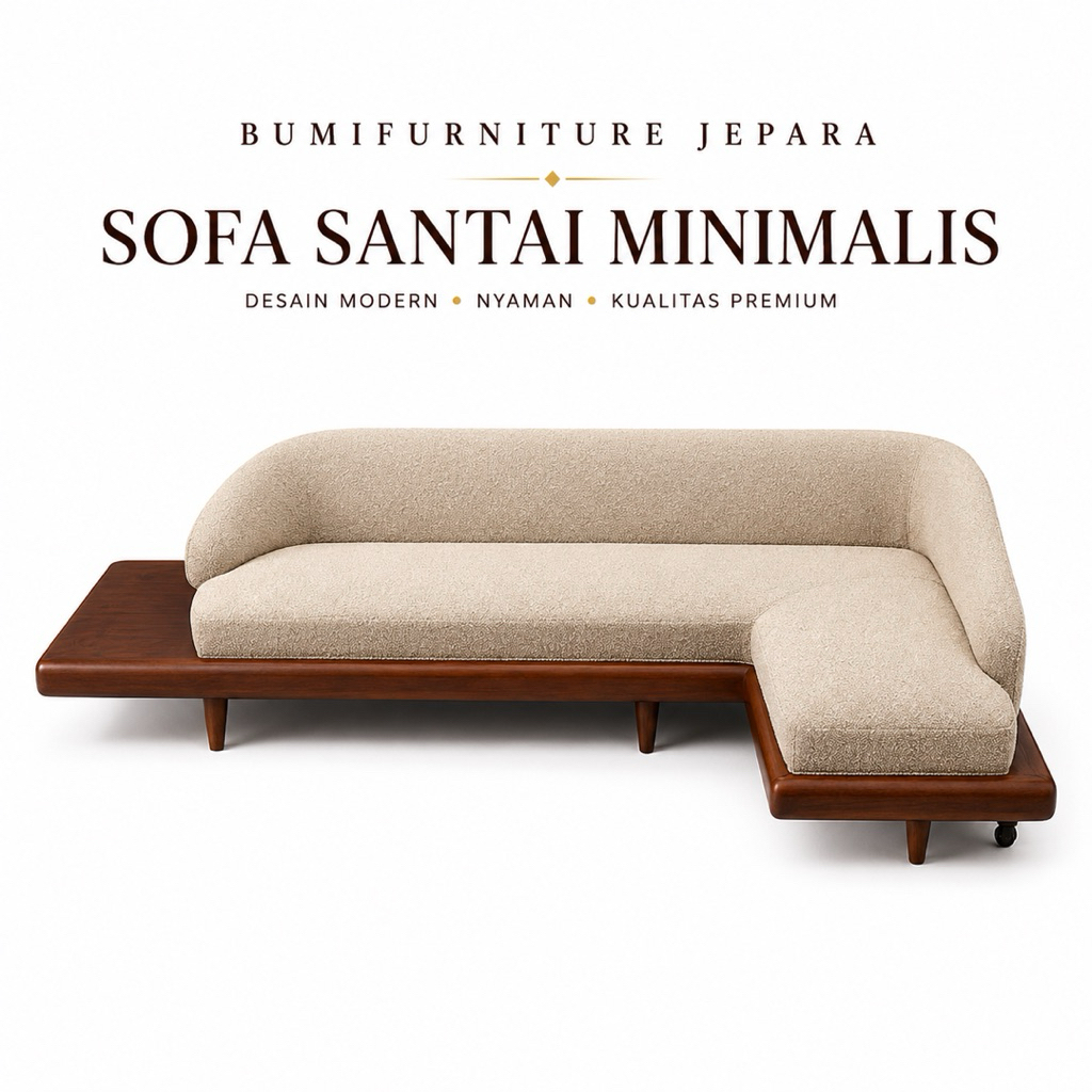 Sofa Sudut Kayu Jati Minimalis Modern L Shape Putih Cream